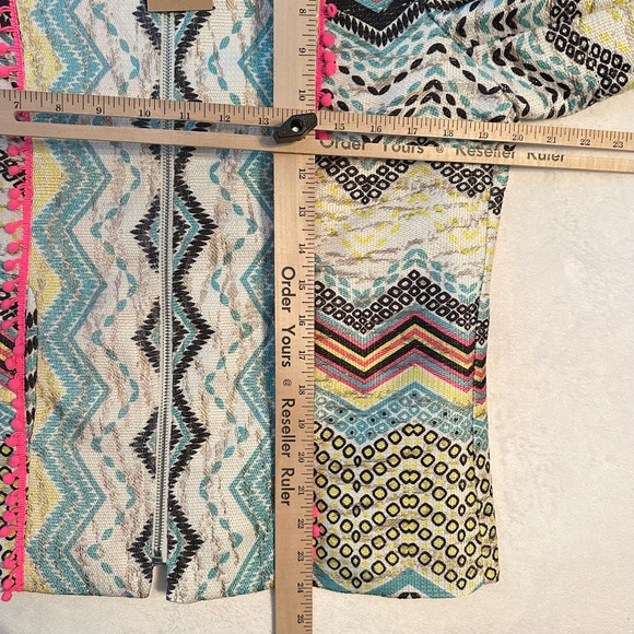 Molly Bracken Womens Blazer Jacket L Yellow Blue Chevron Print Metallic Zip NWT - Picture 7 of 10